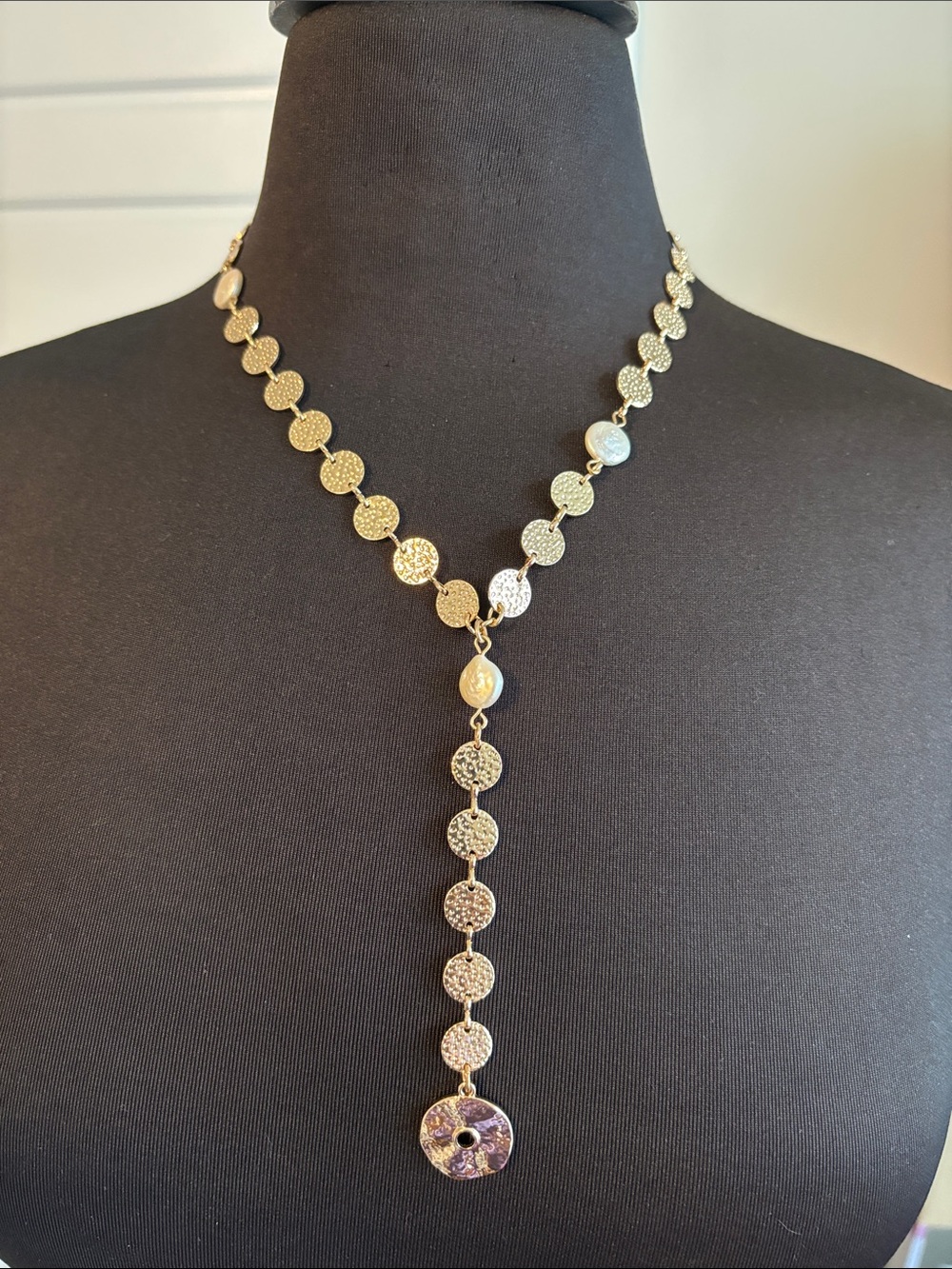 Gold Disc Y-Drop Necklace with Pearl Accent